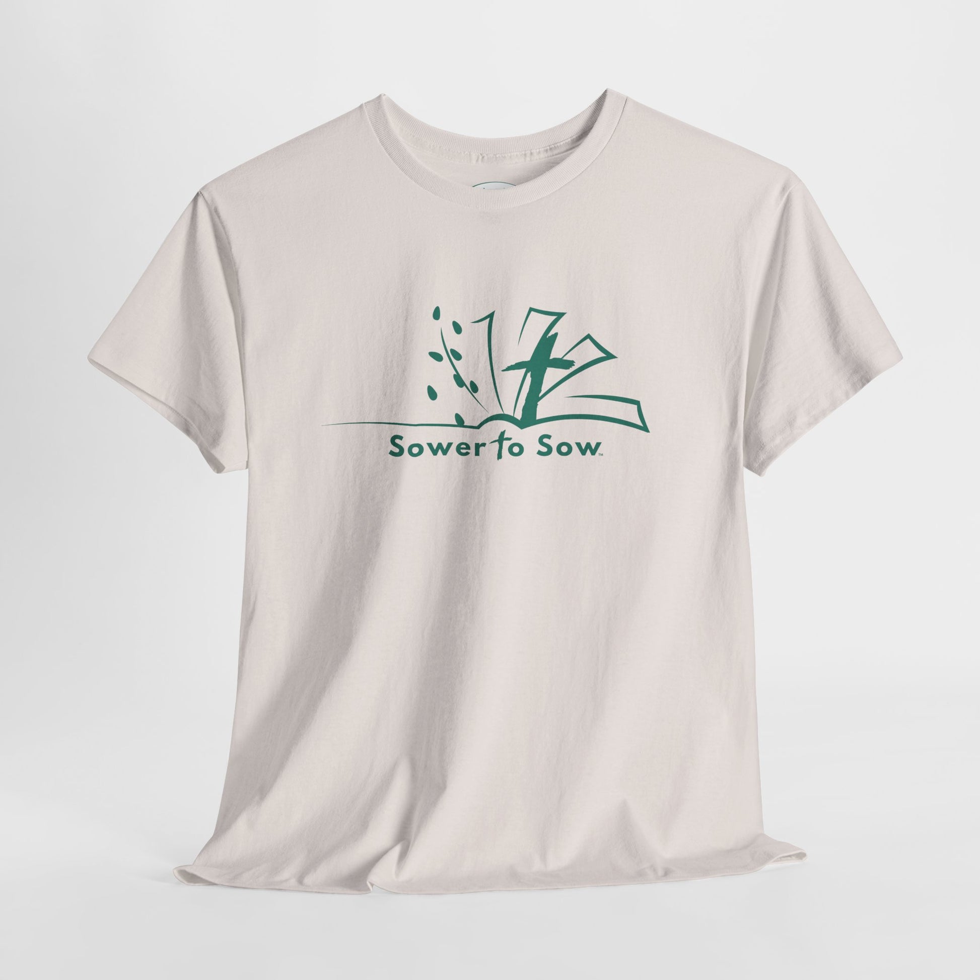 Beige t-shirt with teal Sower To Sow logo 