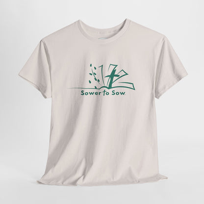 Beige t-shirt with teal Sower To Sow logo 