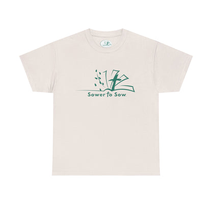 Beige t-shirt with teal Sower To Sow logo 