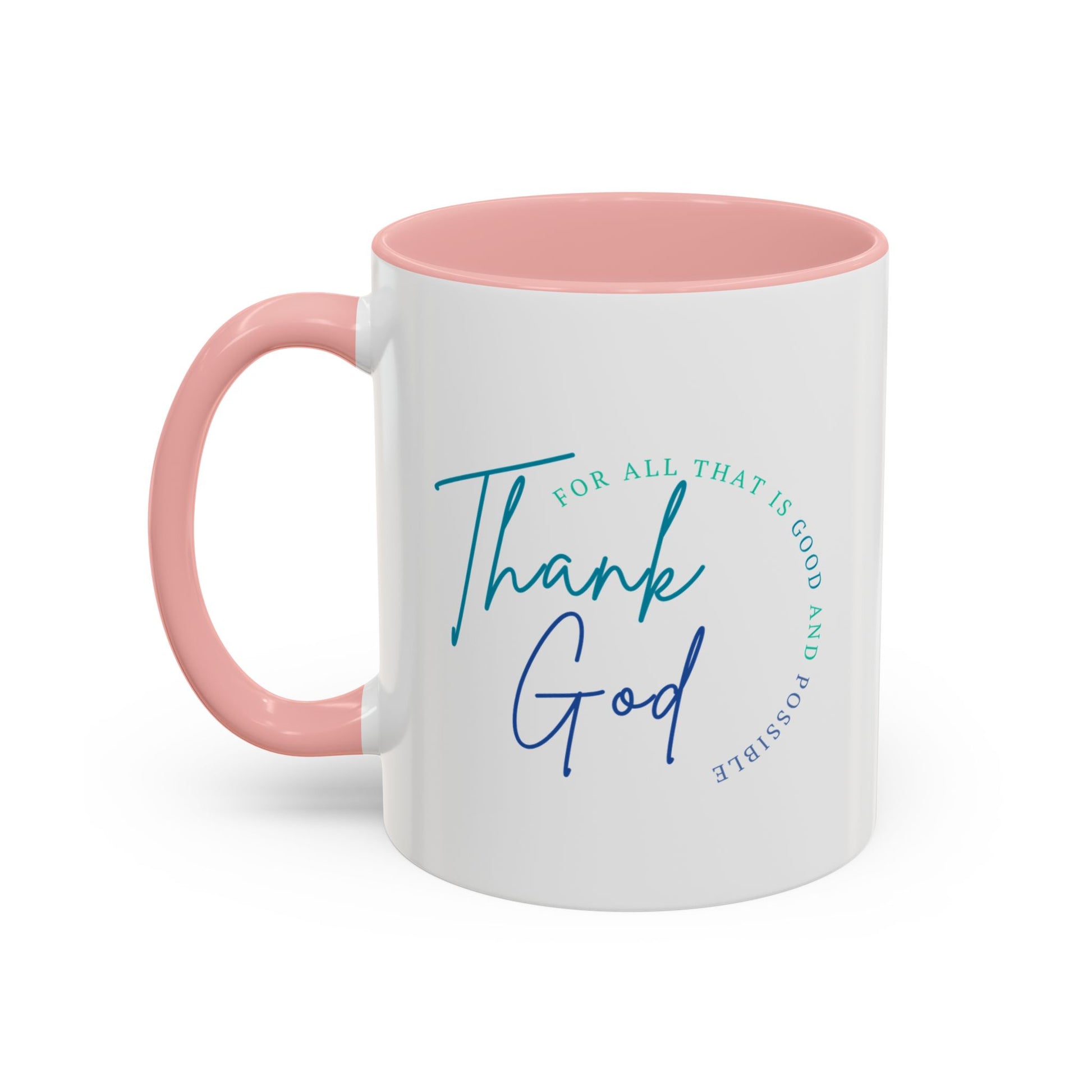 White mug with pink interior and handle, featuring 'Thank God' text on a white background