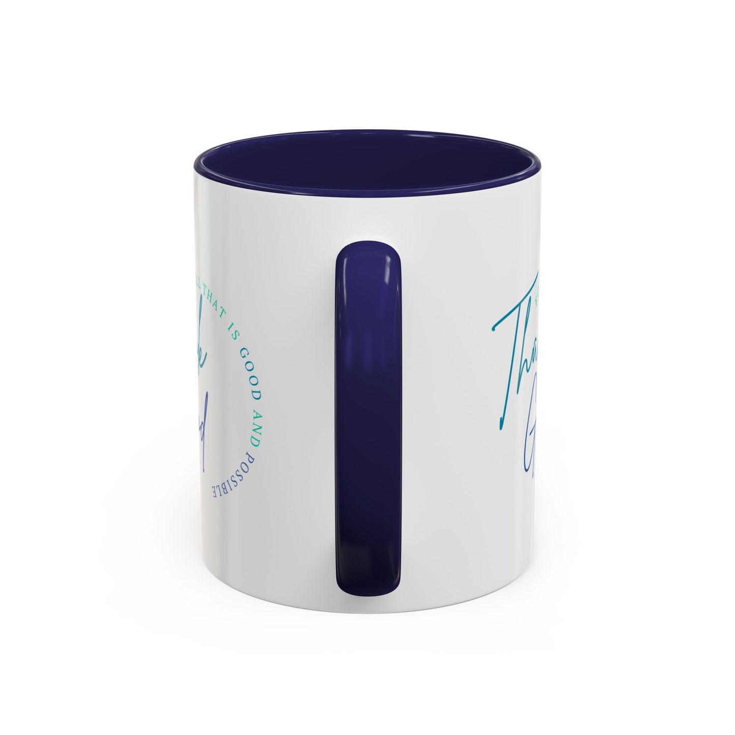 White mug with blue interior and handle, featuring text on a white background