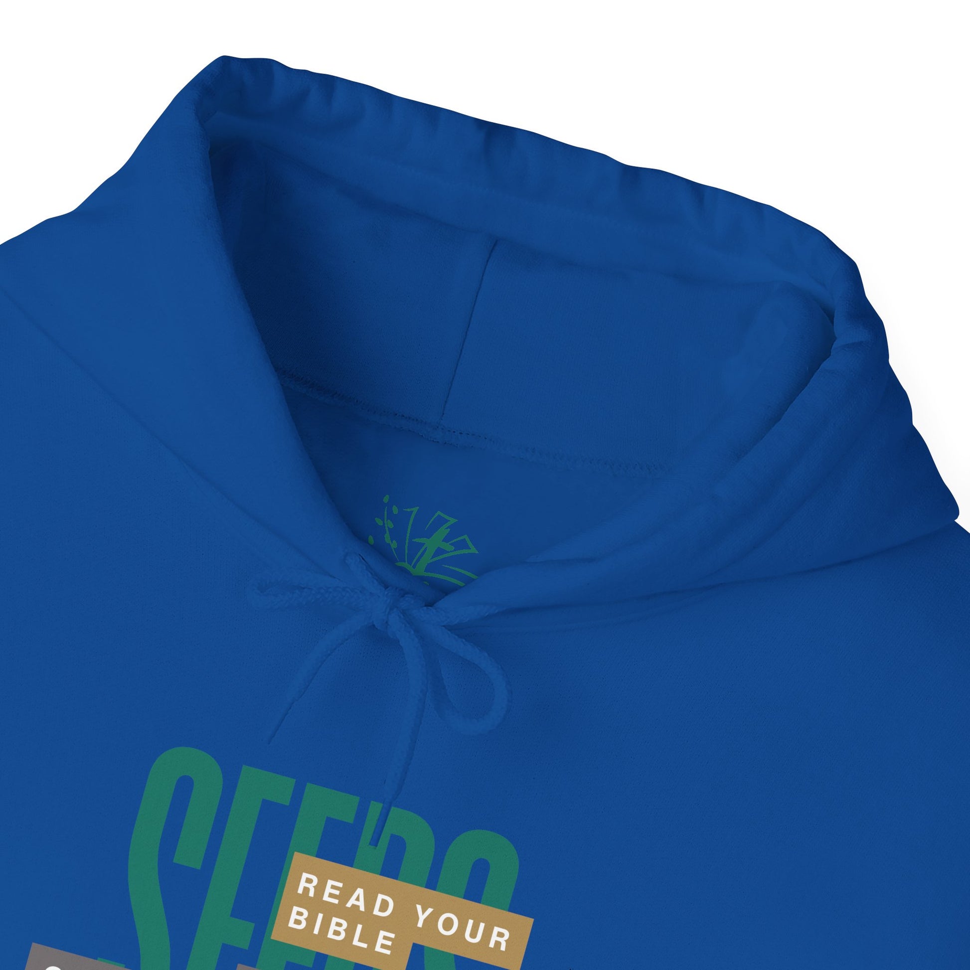 Blue hoodie with green text and a logo on a white background