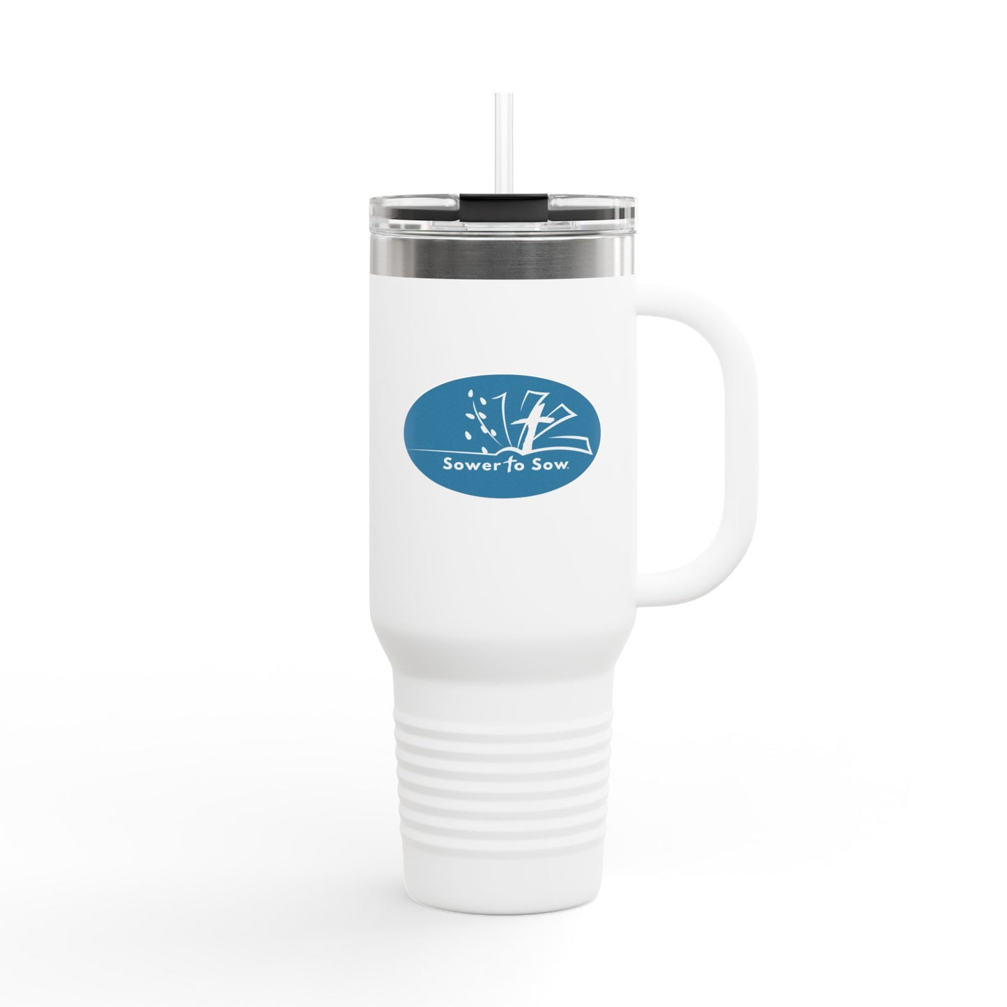 White travel mug with a blue logo on a white background from Sower To Sow