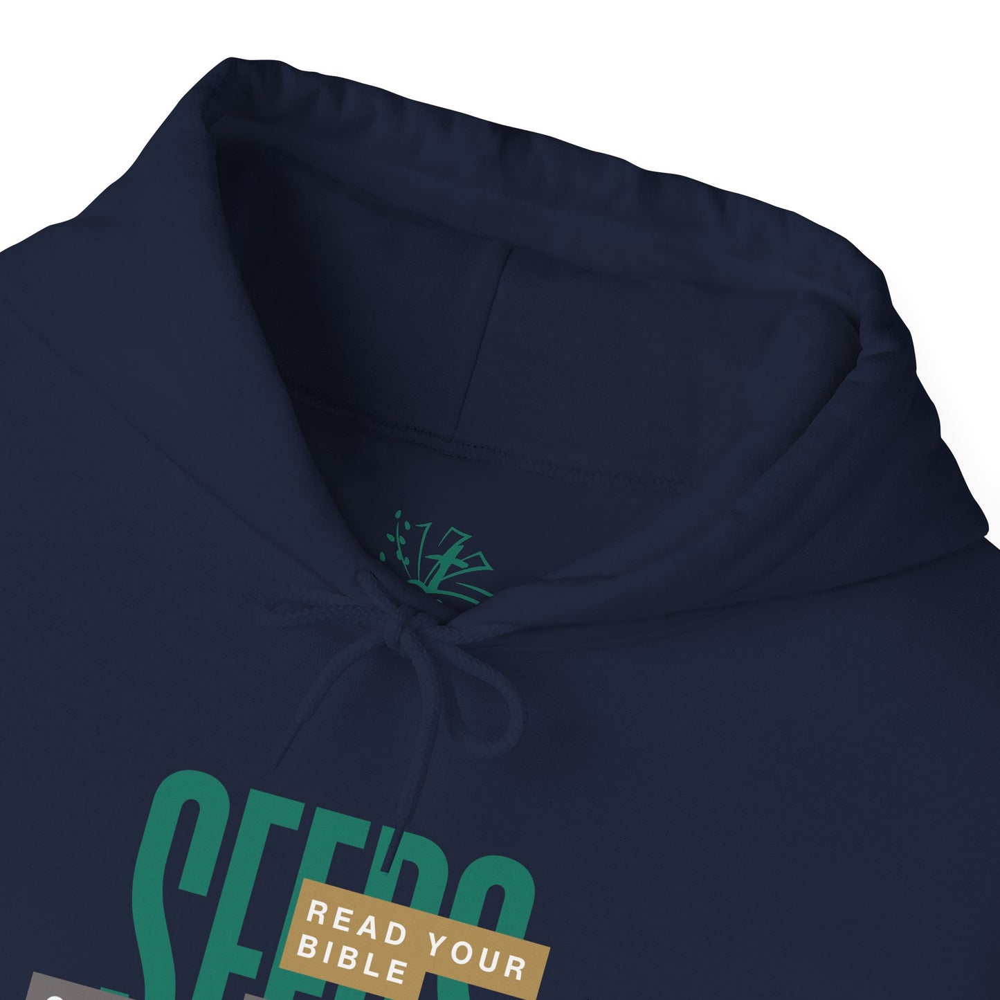 Navy blue hoodie with green text and logo on a white background