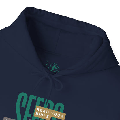 Navy blue hoodie with green text and logo on a white background