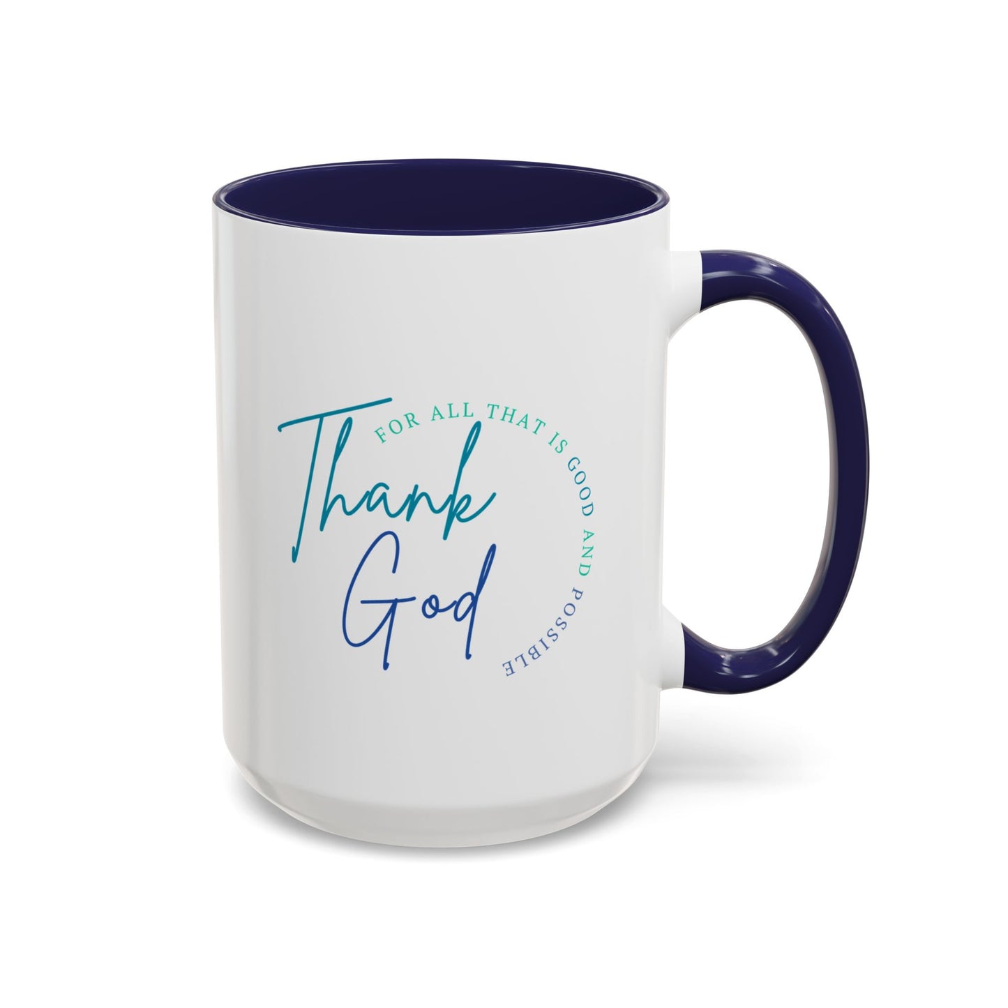 White mug with blue interior and handle, featuring 'Thank God' text on a white background