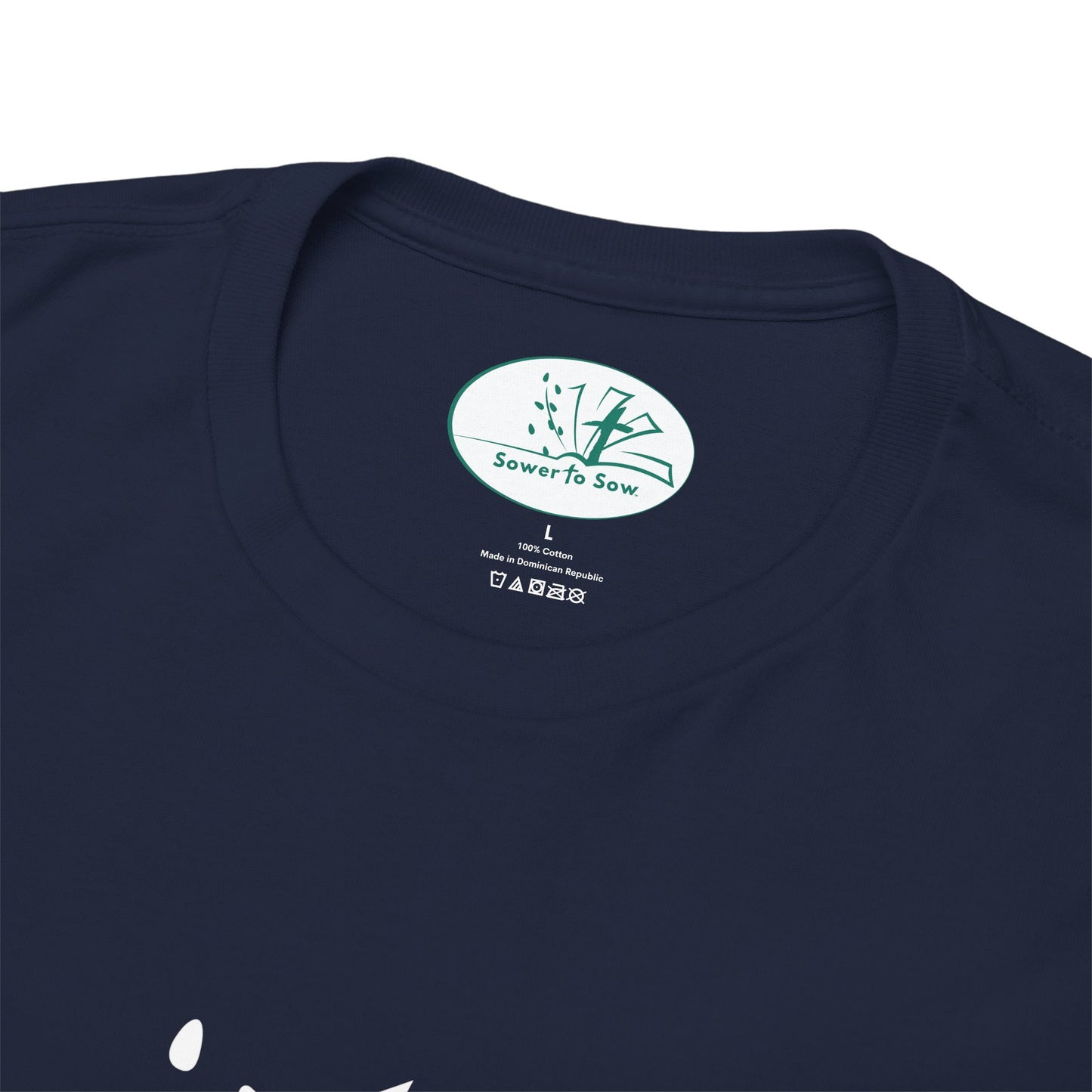 Navy blue t-shirt with a Sower To Sow brand label on the collar