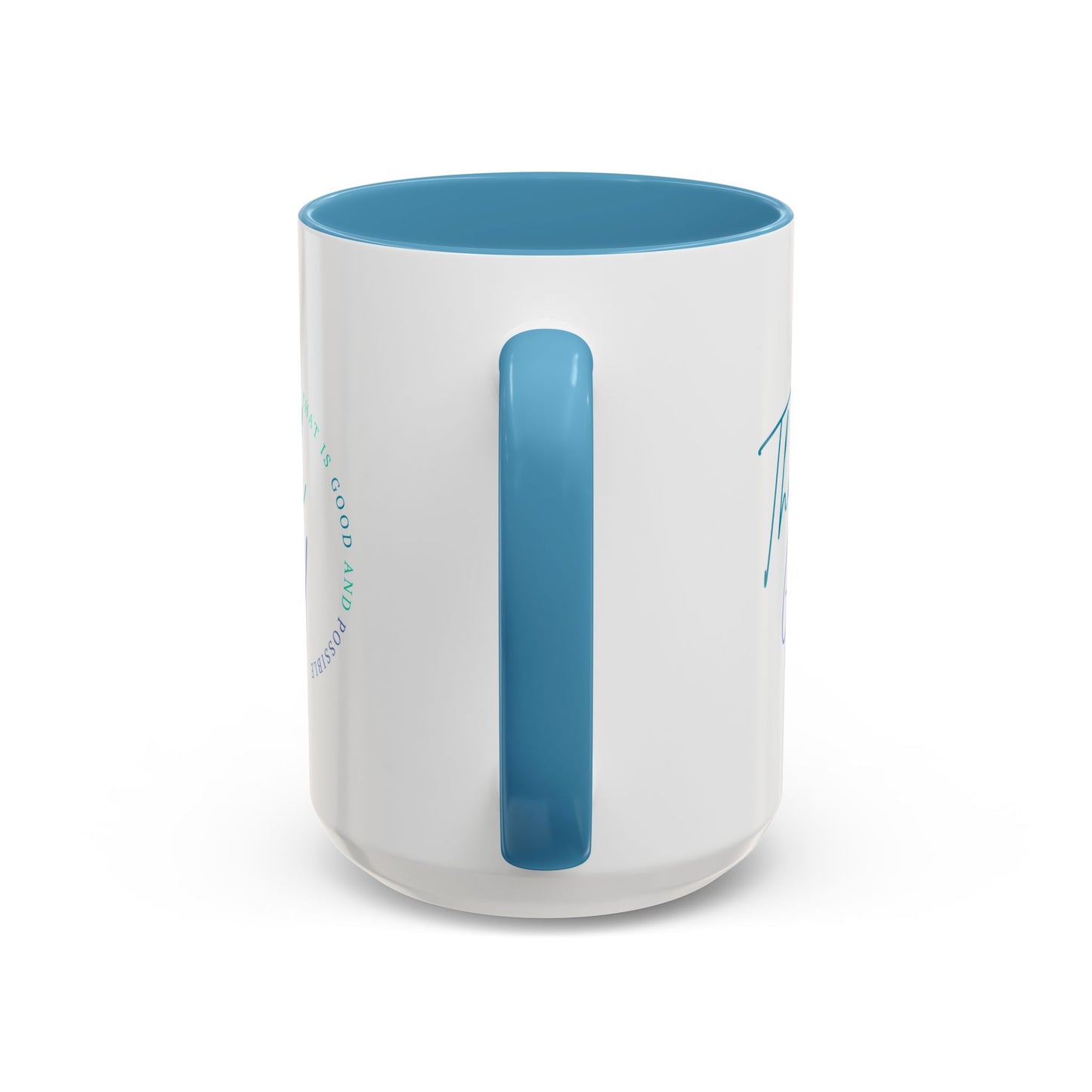 Clear mug with blue interior and handle on a white background