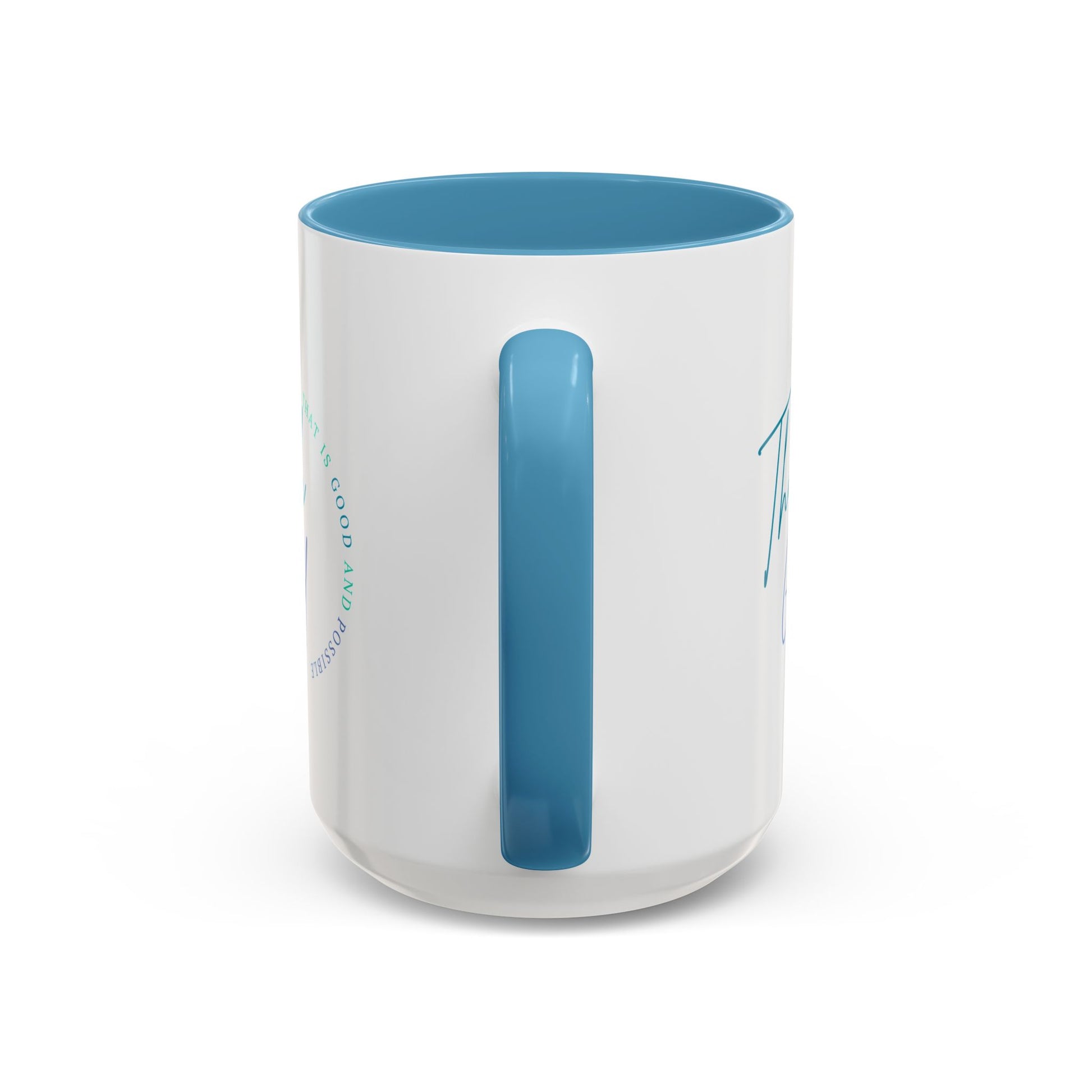 Clear mug with blue interior and handle on a white background