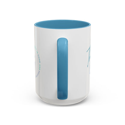 Clear mug with blue interior and handle on a white background