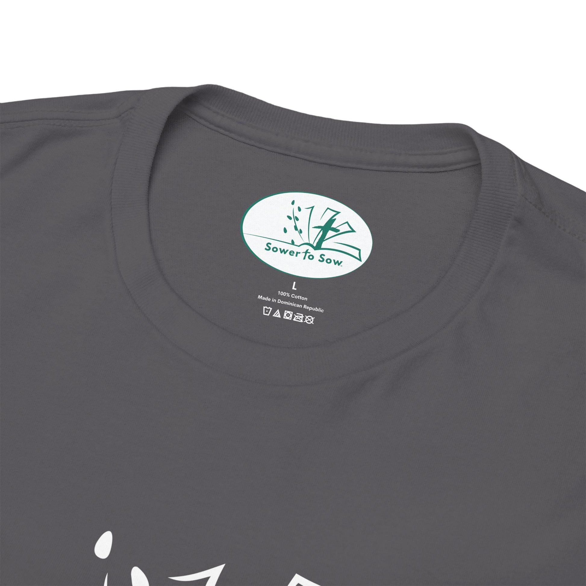 Gray t-shirt with a Sower To Sow brand logo on the collar against a white background