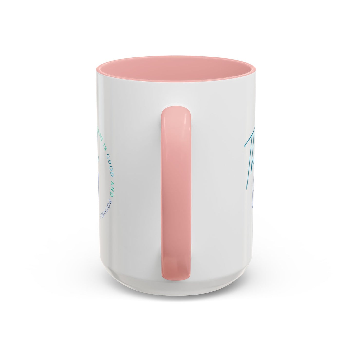 White mug with a pink handle and interior on a white background