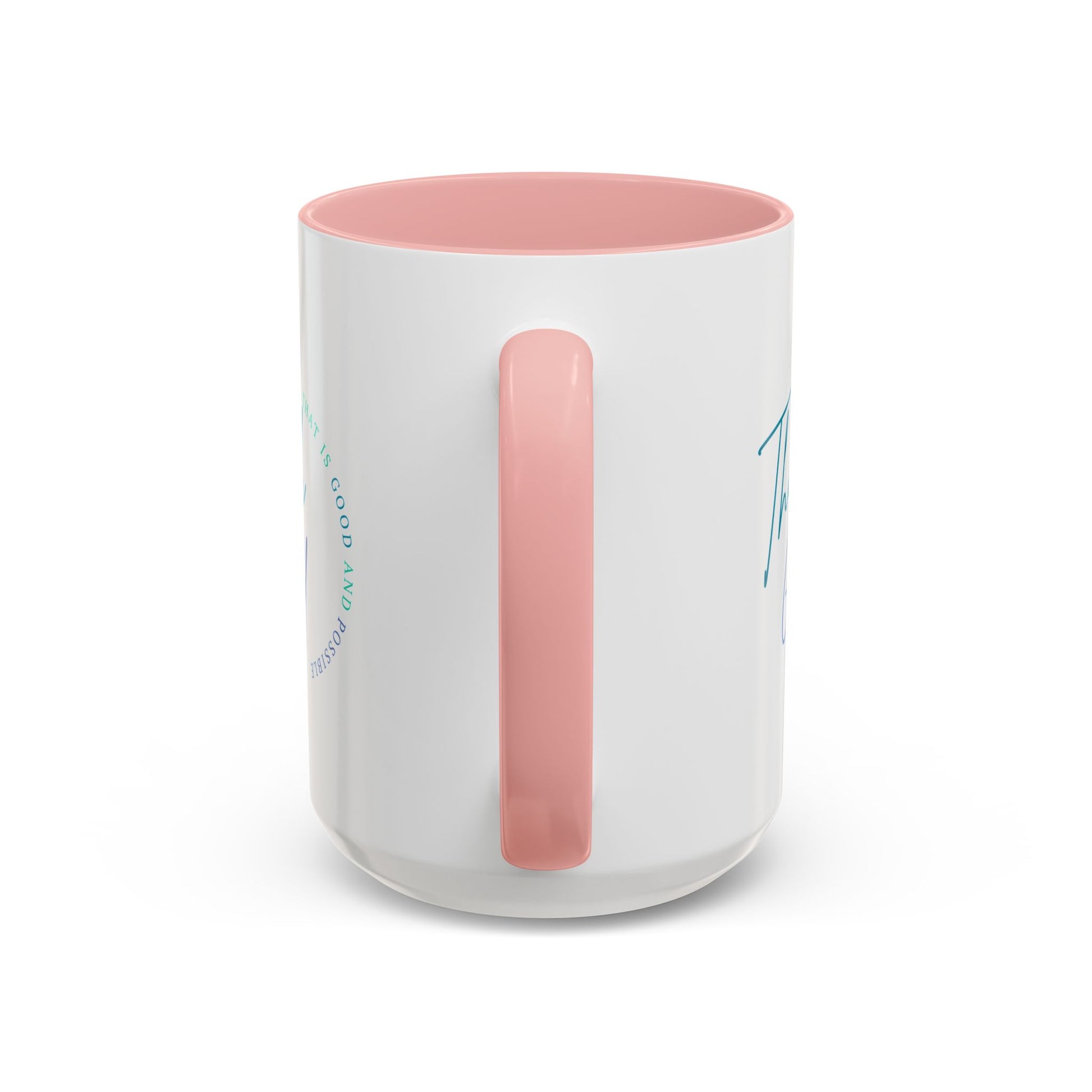 White mug with a pink handle and interior on a white background