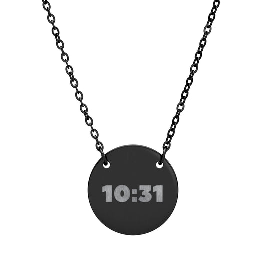 Black necklace with a round pendant displaying '10:31' on a white background