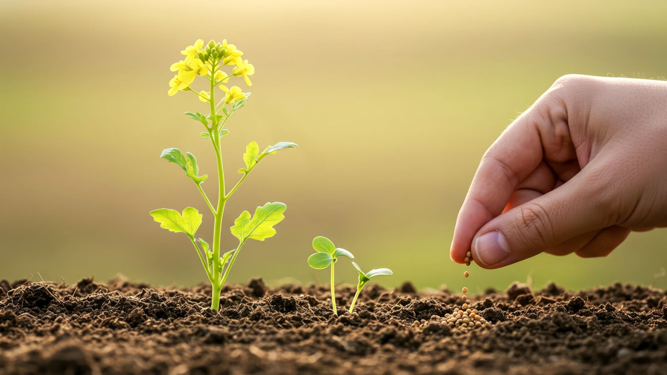 Hand planting a small seedling in soil with a blurred natural background