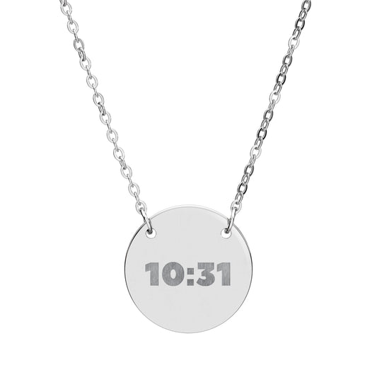 Silver necklace with a round pendant displaying '10:31' on a white background